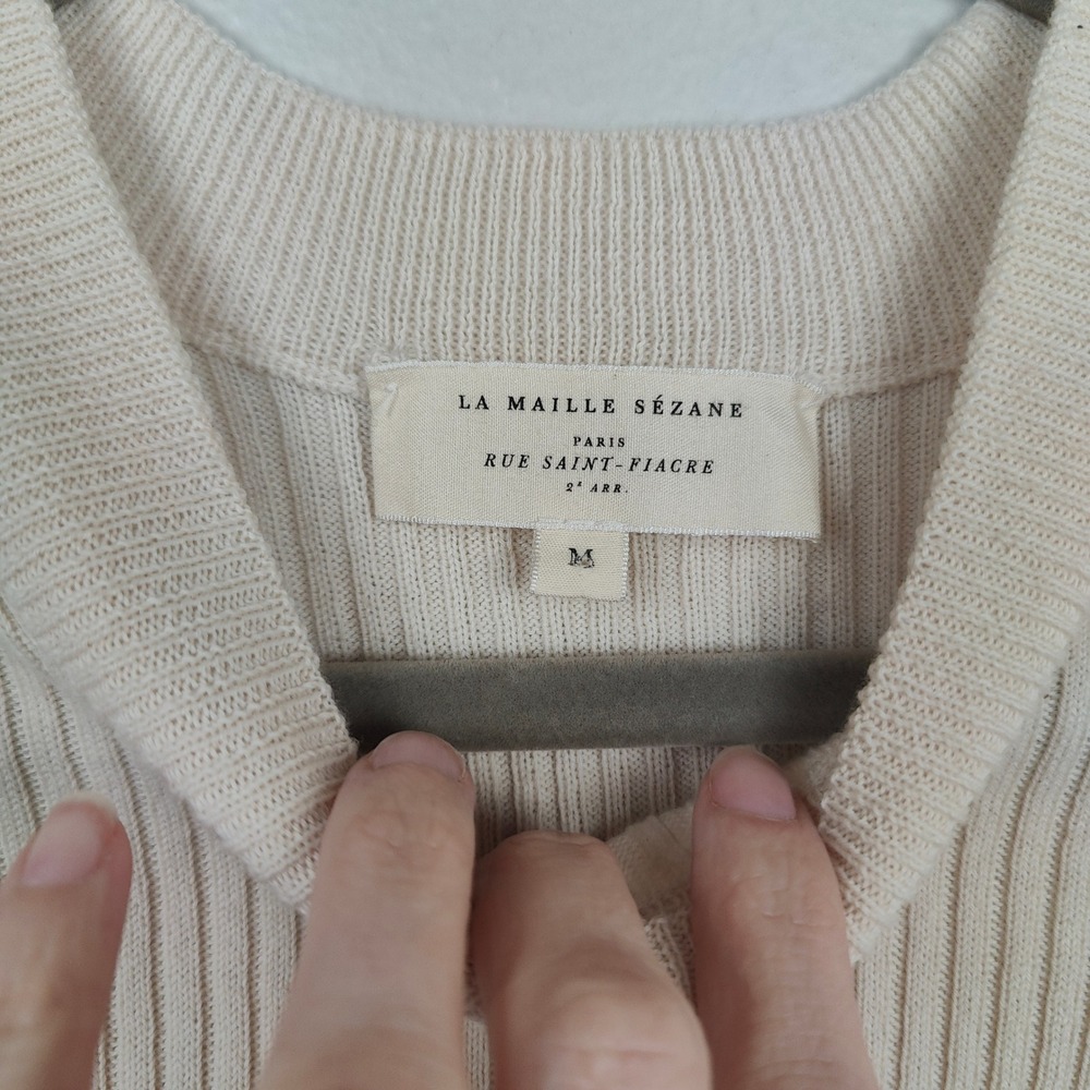 Sezane La Maille Ribbed Cotton Wool Knit Top Womens Medium Cream Buttoned - Picture 5 of 8
